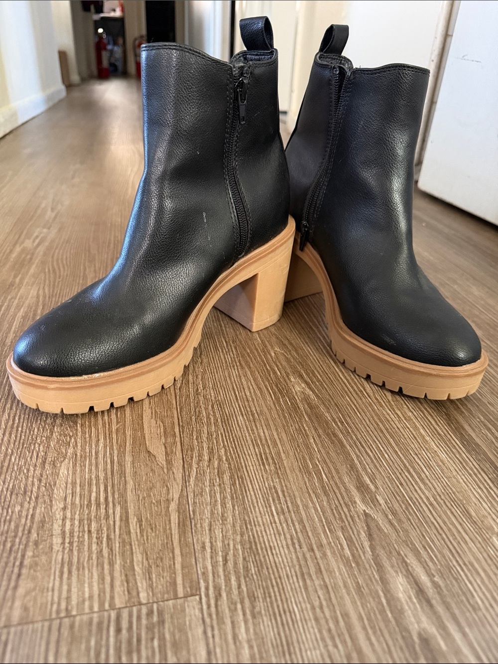 Dolce Vita Black Ankle Boots with Tan Lug Heel